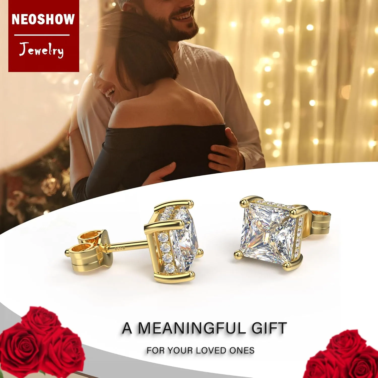 18K White Gold Plated Sterling Silver Princess Cut Cubic Zirconia Stud Earrings Square Simulated Diamond CZ Stud Earrings for Women Men Hypoallergenic