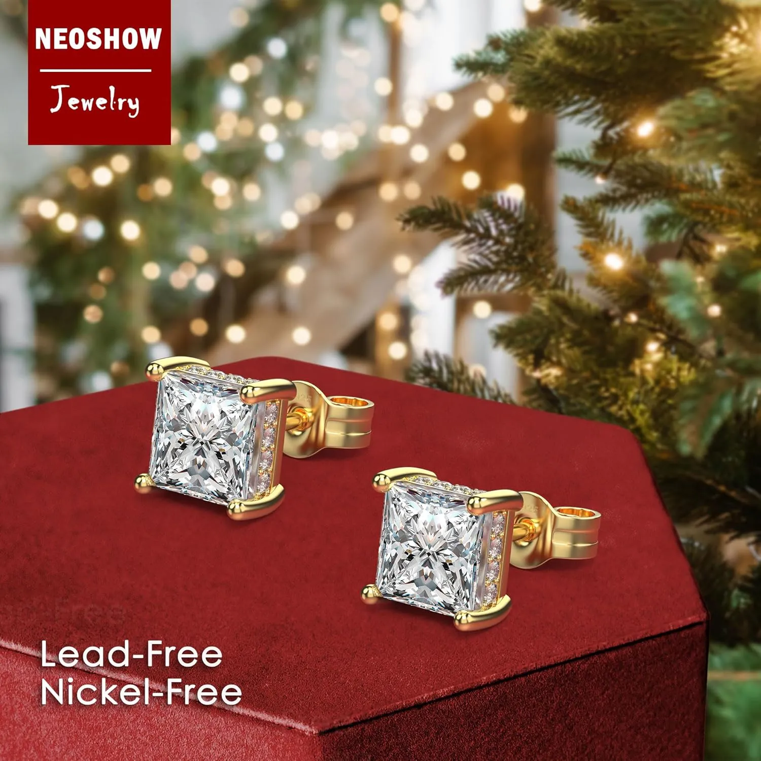 18K White Gold Plated Sterling Silver Princess Cut Cubic Zirconia Stud Earrings Square Simulated Diamond CZ Stud Earrings for Women Men Hypoallergenic