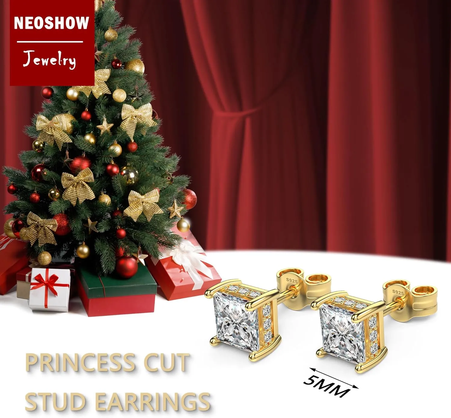 18K White Gold Plated Sterling Silver Princess Cut Cubic Zirconia Stud Earrings Square Simulated Diamond CZ Stud Earrings for Women Men Hypoallergenic