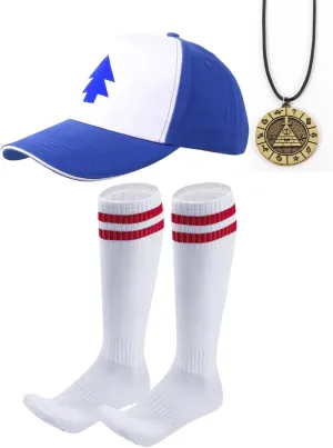 3Pcs Halloween Cosplay Costume Accessories for Men and Boys with Blue Hat Baseball Cap and Striped Socks   Necklace