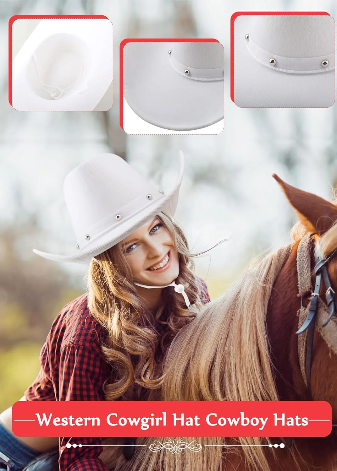 4 Pack Cowboy Hat Felt Western Cowgirl Hat with Neck Drawstring for Adult Dress up Cowboy Party Costume Accessory