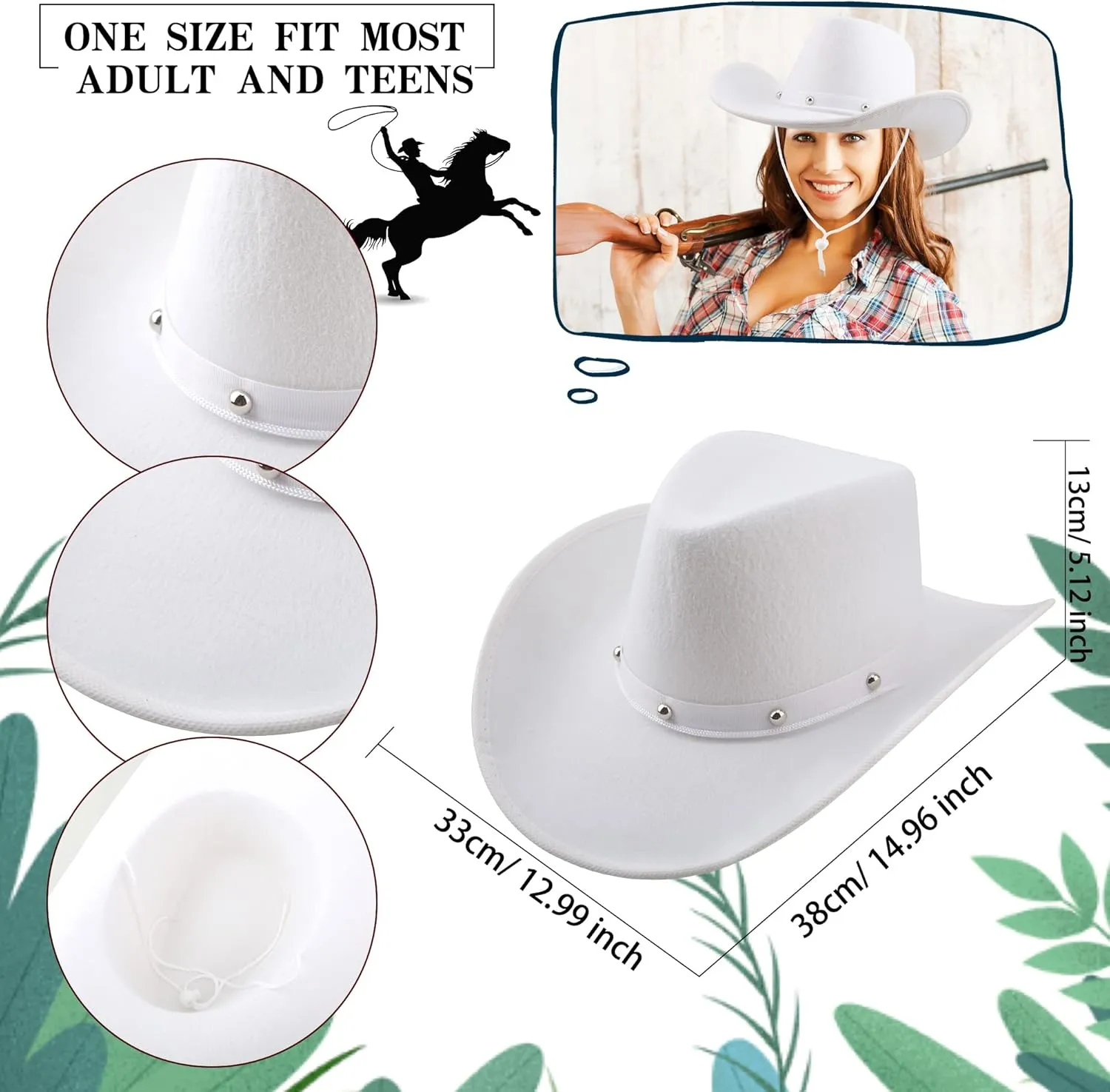 4 Pack Cowboy Hat Felt Western Cowgirl Hat with Neck Drawstring for Adult Dress up Cowboy Party Costume Accessory