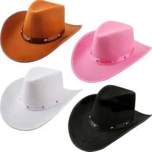 4 Pack Cowboy Hat Felt Western Cowgirl Hat with Neck Drawstring for Adult Dress up Cowboy Party Costume Accessory