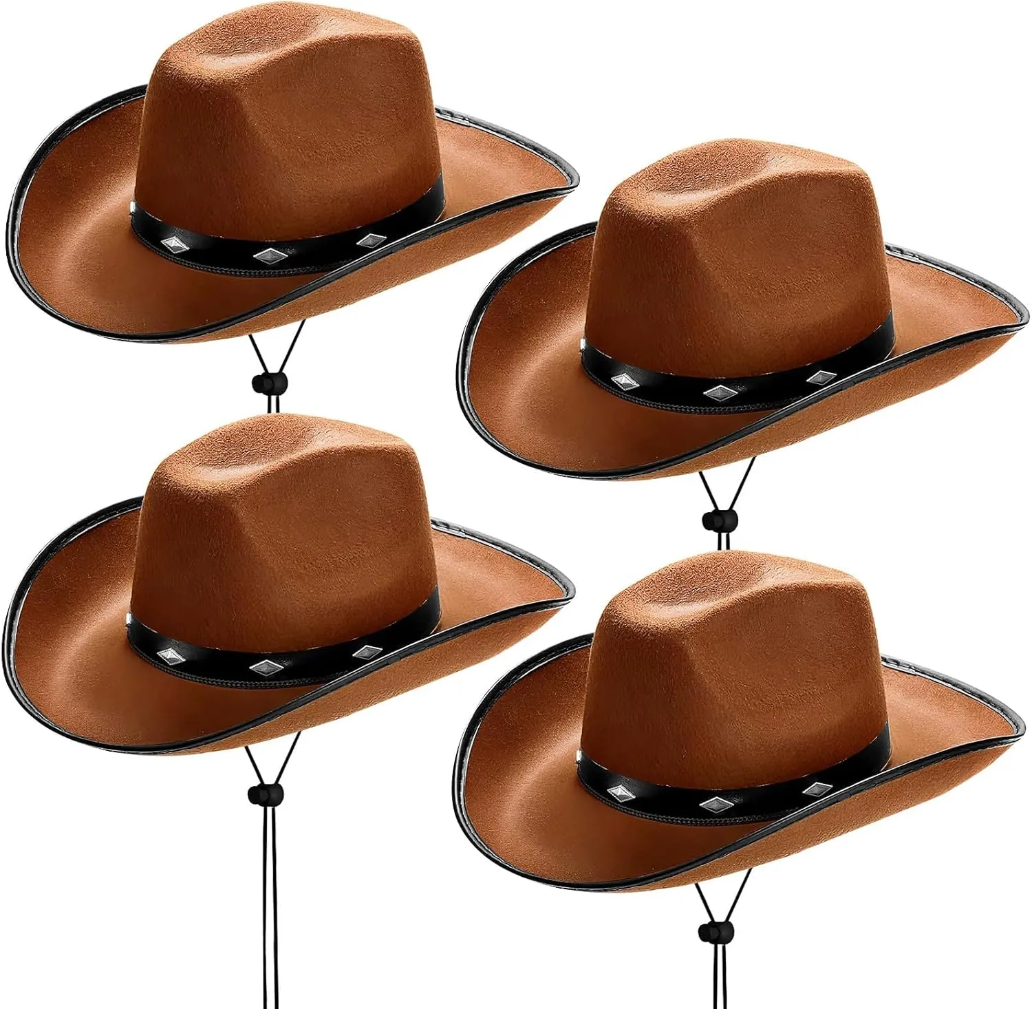 4 Pcs Classic Brown Cowboy Hat,Retro Western Hat Felt Cowgirl Hat with Chin Strap,Wide Brim Cowboy Hat for Men & Women