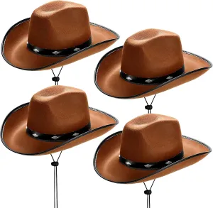 4 Pcs Classic Brown Cowboy Hat,Retro Western Hat Felt Cowgirl Hat with Chin Strap,Wide Brim Cowboy Hat for Men & Women