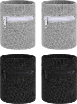 4Pcs Wrist Wallet for Men Wrist Sweat Bands with Zipper Wristband Pocket Sports Absorb Sweat Wristbands for Women Running Hiking Workout, Key Holder for Gym Sports Running Walking Hiking Travel