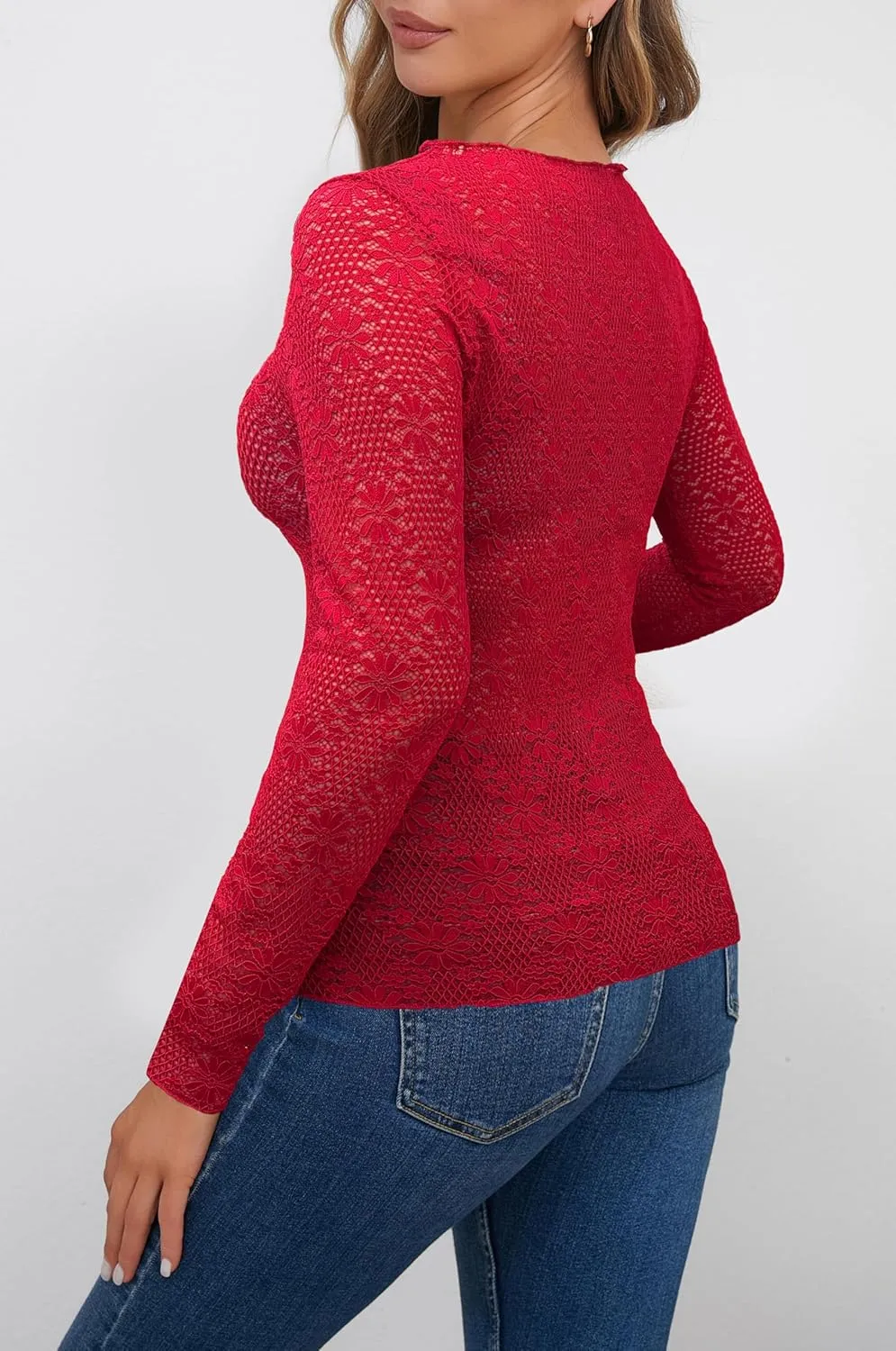 AISEW Womens Lace Floral Long Sleeve Mesh Tops Round Neck Sheer Blouse Sexy See Through Layering Top Shirts