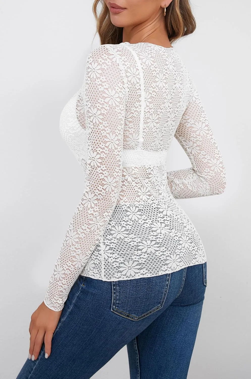 AISEW Womens Lace Floral Long Sleeve Mesh Tops Round Neck Sheer Blouse Sexy See Through Layering Top Shirts