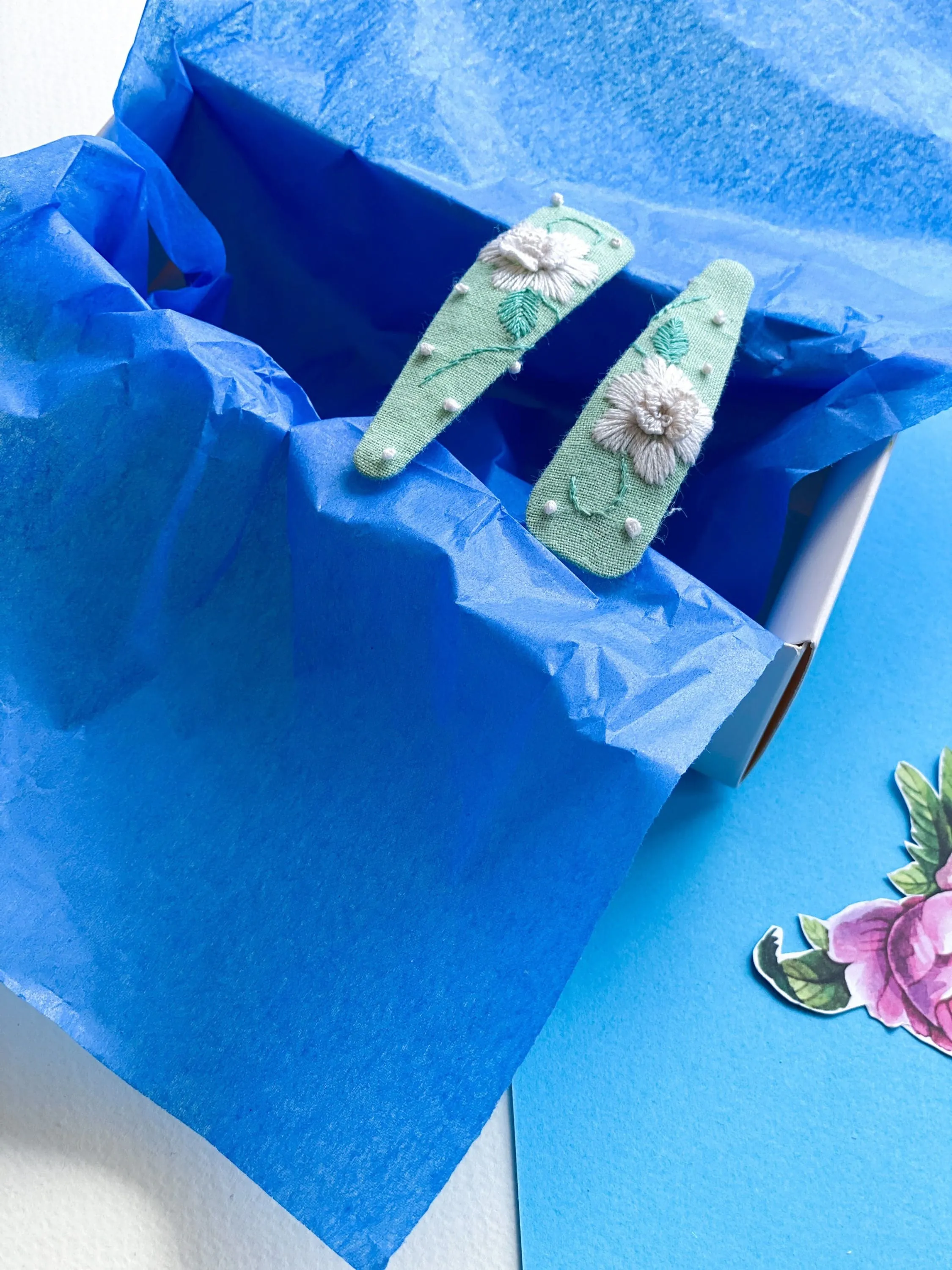 Baby hand embroidered mint hair clips