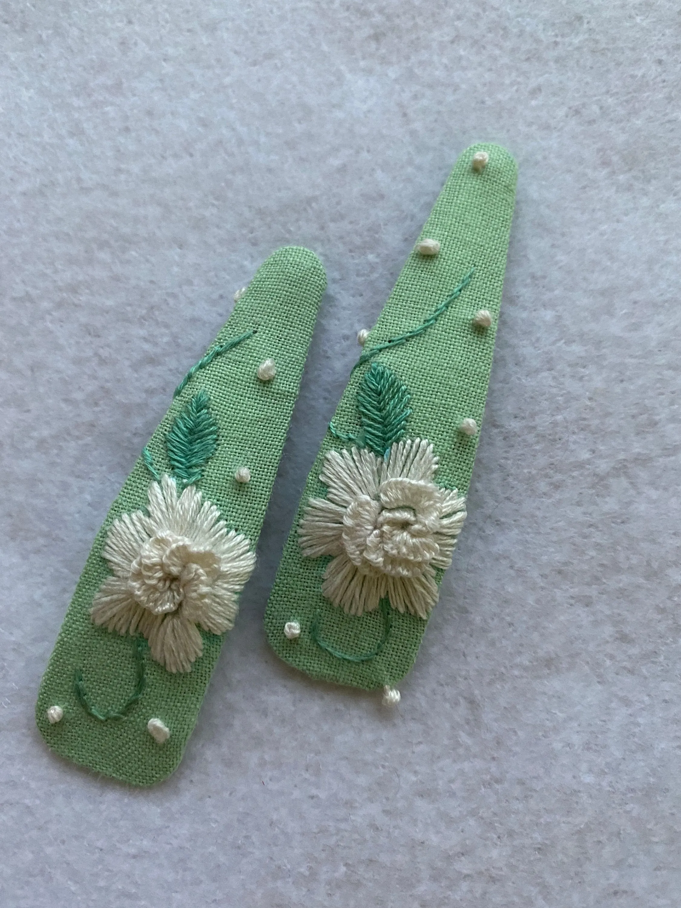 Baby hand embroidered mint hair clips