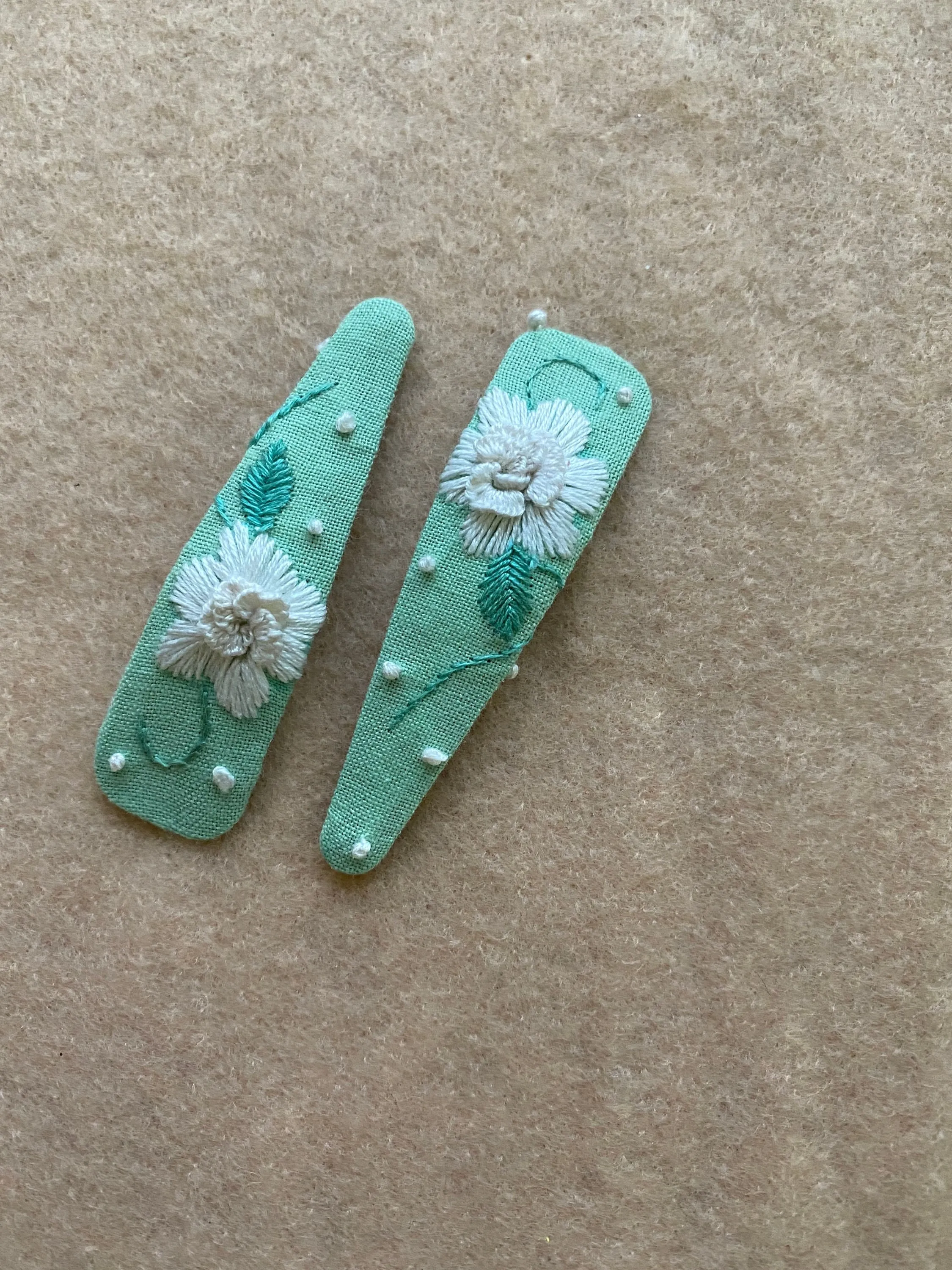Baby hand embroidered mint hair clips