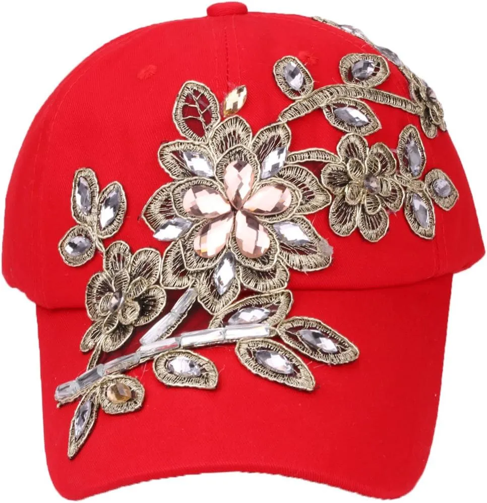 Bling Baseball Cap Women Lace Flower Rhinestone Denim Jean Snapback Hip Hop Hat