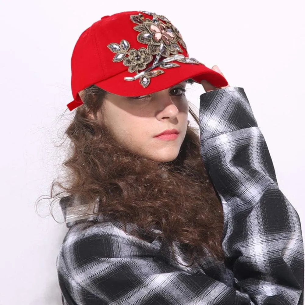 Bling Baseball Cap Women Lace Flower Rhinestone Denim Jean Snapback Hip Hop Hat