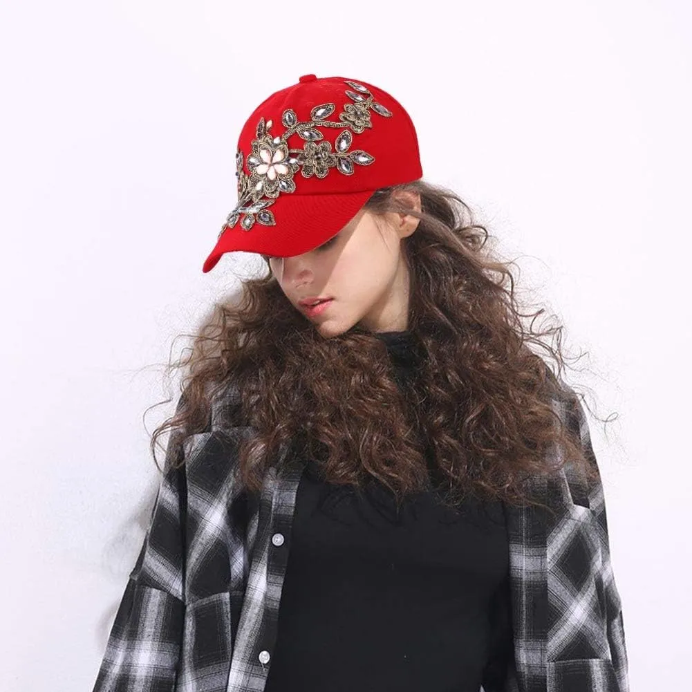 Bling Baseball Cap Women Lace Flower Rhinestone Denim Jean Snapback Hip Hop Hat