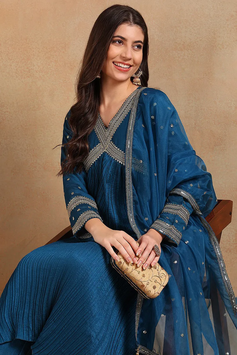 Blue Silk Blend Solid Embroidered Flared Style Suit Set