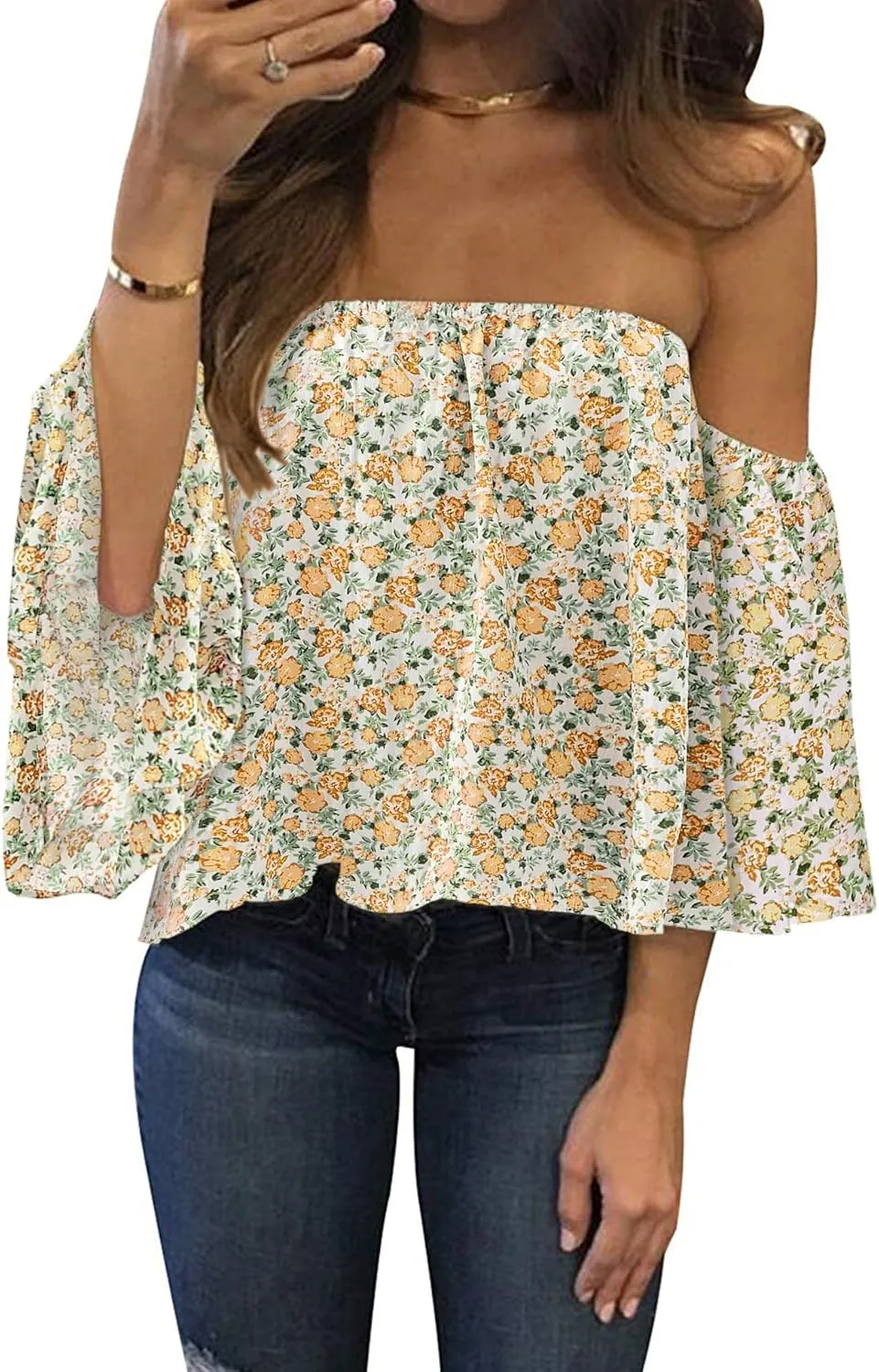 Bluetime Women Summer Off Shoulder Chiffon Blouse Ruffles Short Sleeves Tops Casual T Shirt