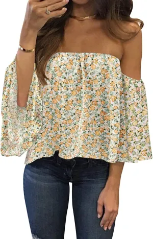 Bluetime Women Summer Off Shoulder Chiffon Blouse Ruffles Short Sleeves Tops Casual T Shirt