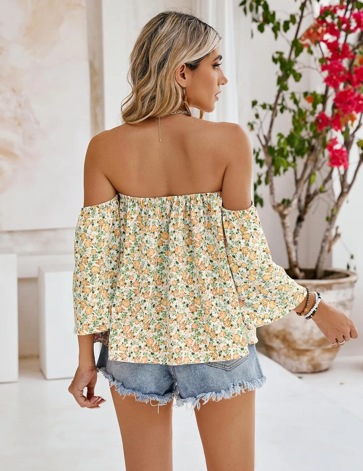 Bluetime Women Summer Off Shoulder Chiffon Blouse Ruffles Short Sleeves Tops Casual T Shirt