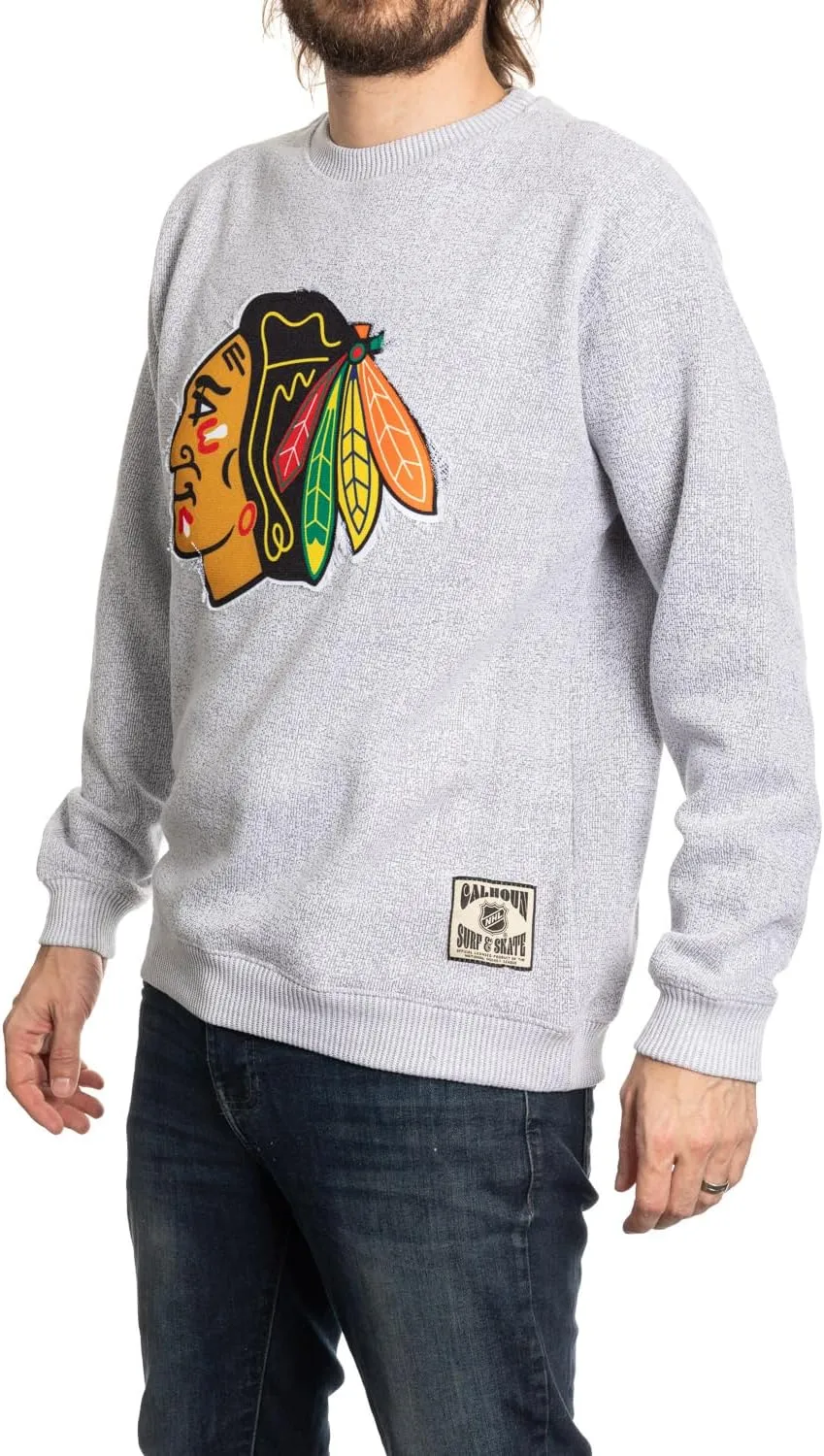 Calhoun NHL Surf & Skate Unisex Cabin Crew Neck Sweater with Premium Cotton Blend & Frayed Team Logo Crest
