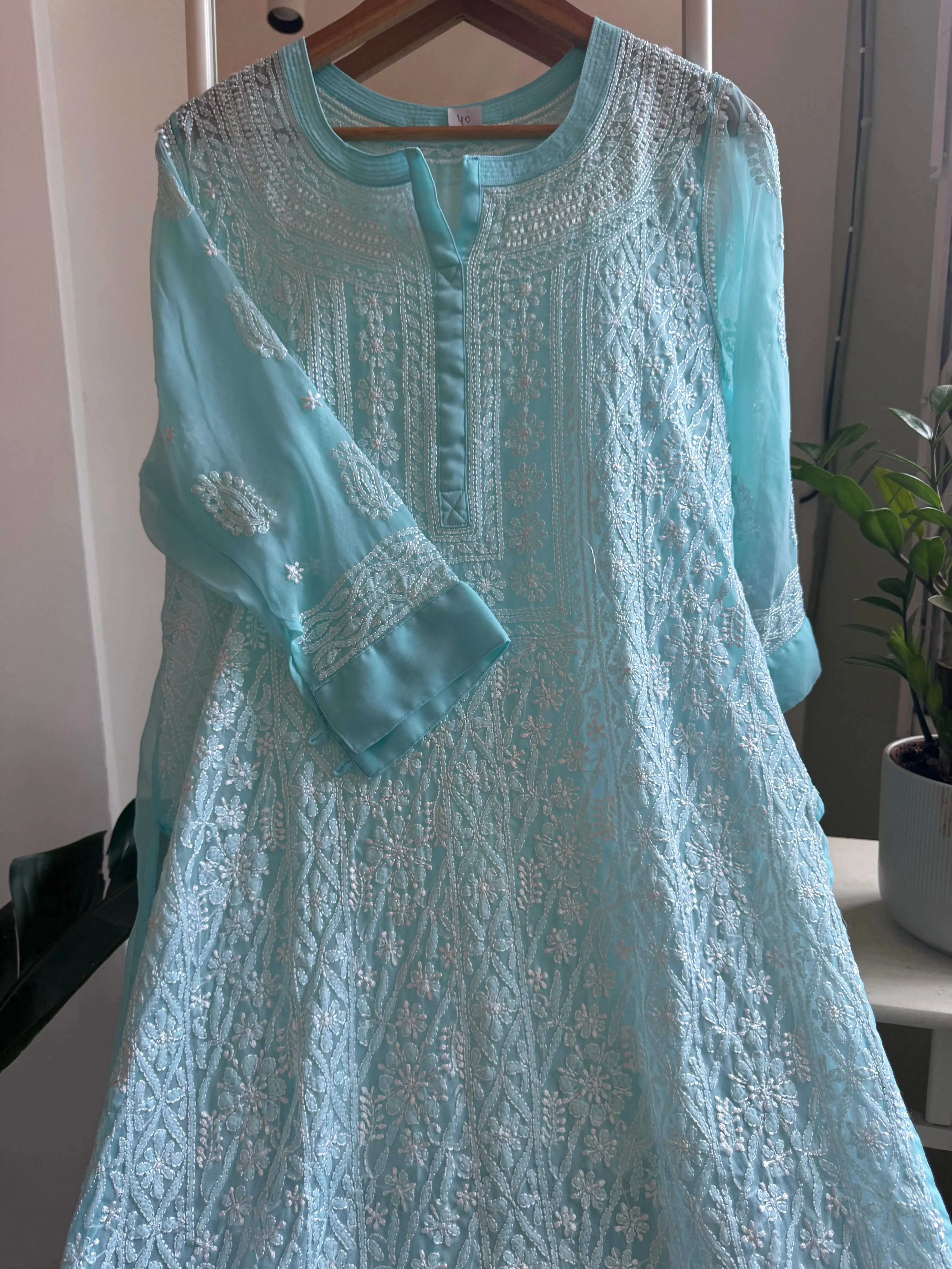 Chikankari Resham Jaal Kurti -  Sky Blue