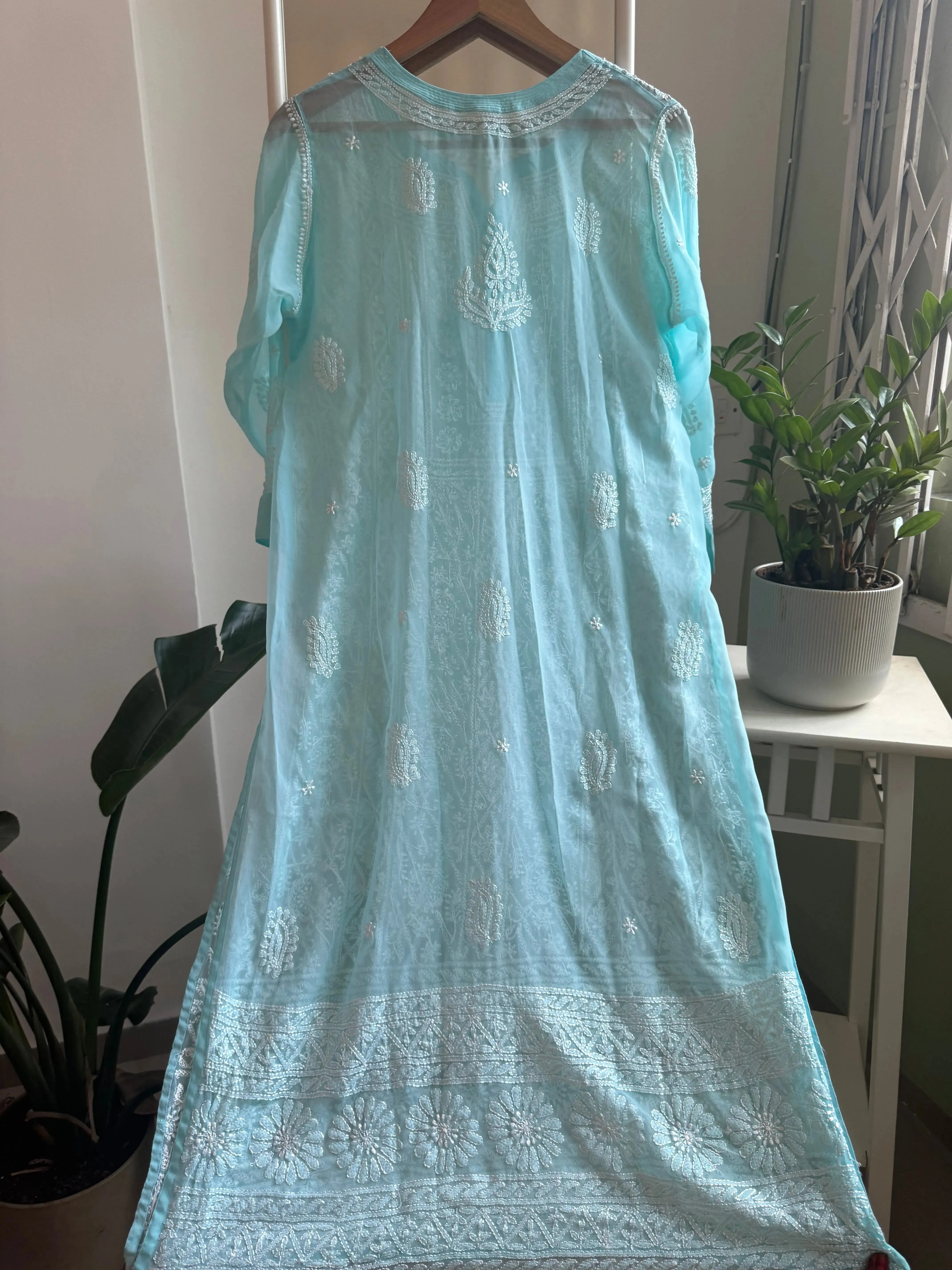 Chikankari Resham Jaal Kurti -  Sky Blue