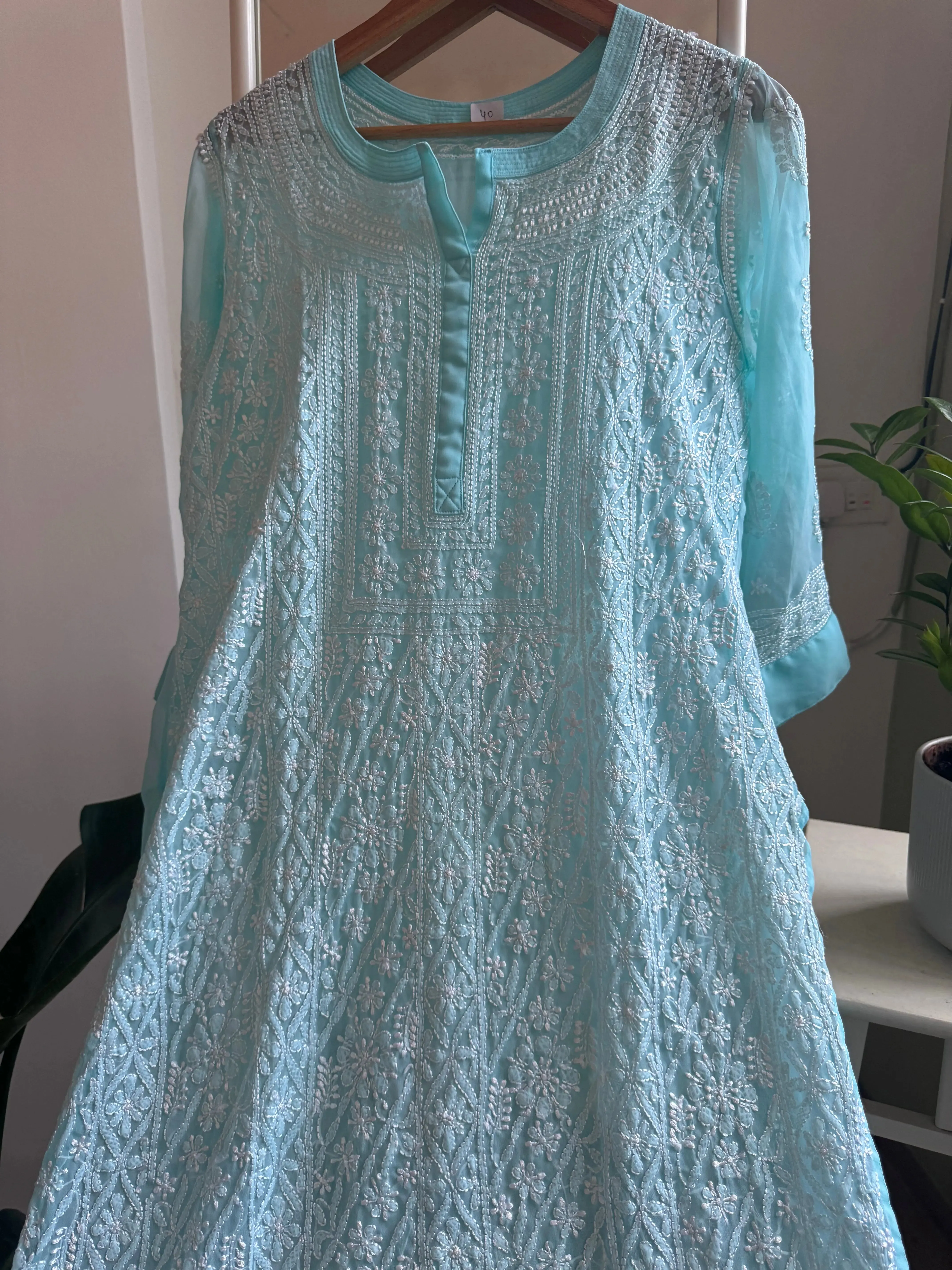 Chikankari Resham Jaal Kurti -  Sky Blue