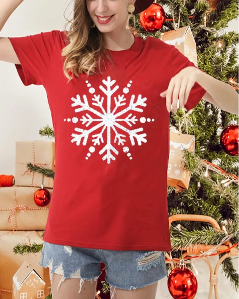 Christmas Shirts for Women Cute Snowflake Graphic Shirts Short Sleeve Funny Print Tee