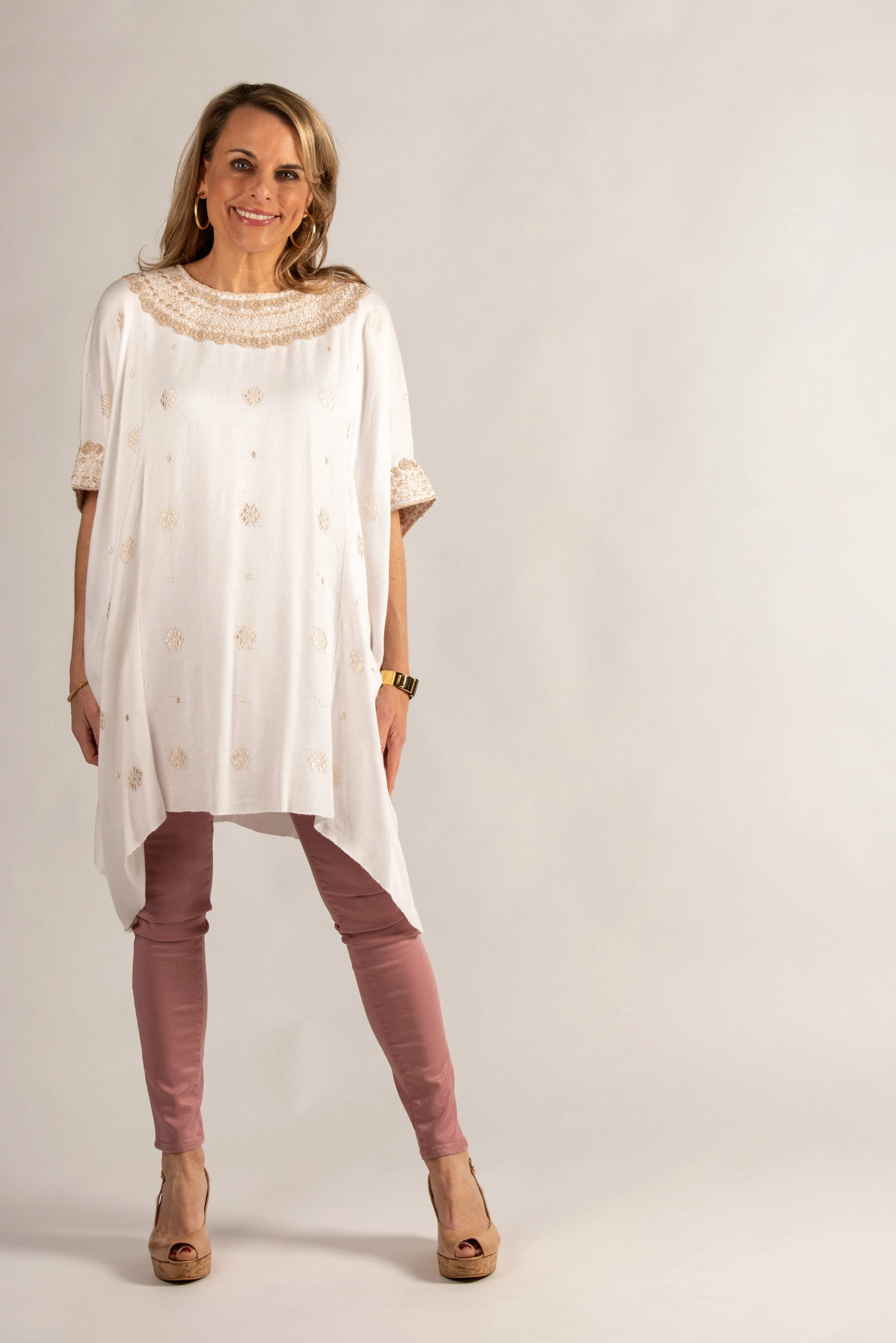 Clara Hand-Embroidered Guatemalan Tunic- Champagne