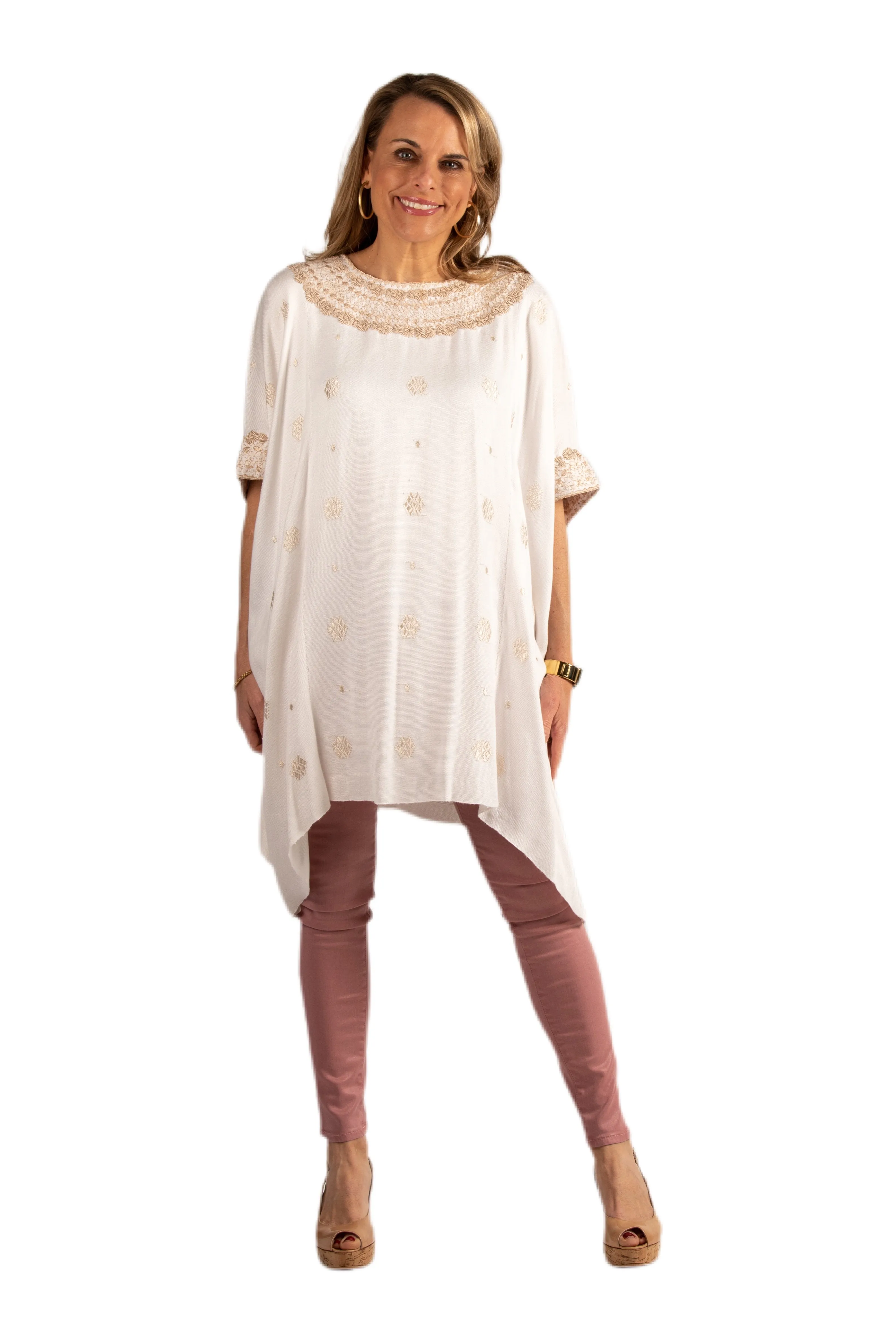 Clara Hand-Embroidered Guatemalan Tunic- Champagne
