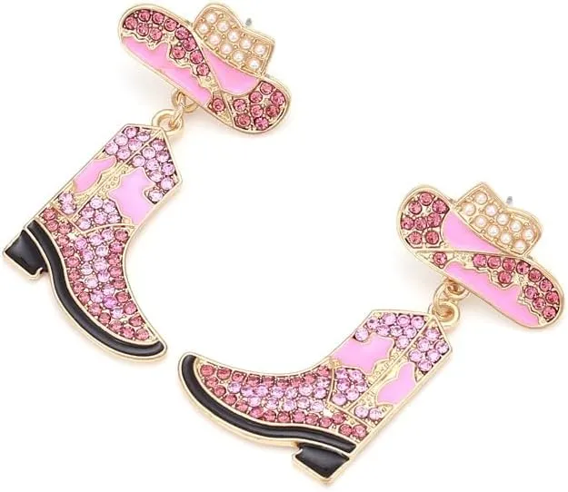 Colorful Rhinestone Western Boots Dangle Drop Earrings for Women Boho Cowgirl Cowboy Enamel Hat Boot Earrings Country Concert Party Outfits Jewelry Gift