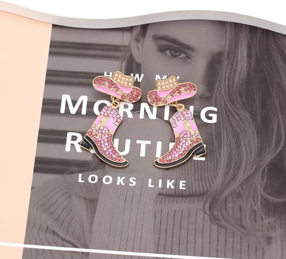 Colorful Rhinestone Western Boots Dangle Drop Earrings for Women Boho Cowgirl Cowboy Enamel Hat Boot Earrings Country Concert Party Outfits Jewelry Gift