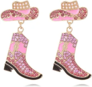 Colorful Rhinestone Western Boots Dangle Drop Earrings for Women Boho Cowgirl Cowboy Enamel Hat Boot Earrings Country Concert Party Outfits Jewelry Gift