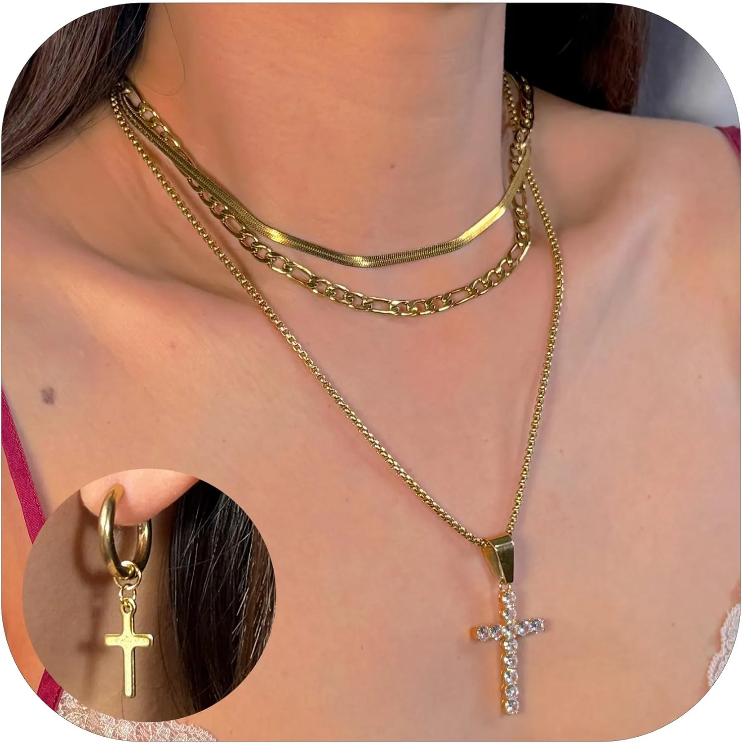 Cross Necklace for Women & Men, 18K Gold Plated Zircon Pendant Layered Necklace Set with 3 Chains   Earrings, Adjustable Length