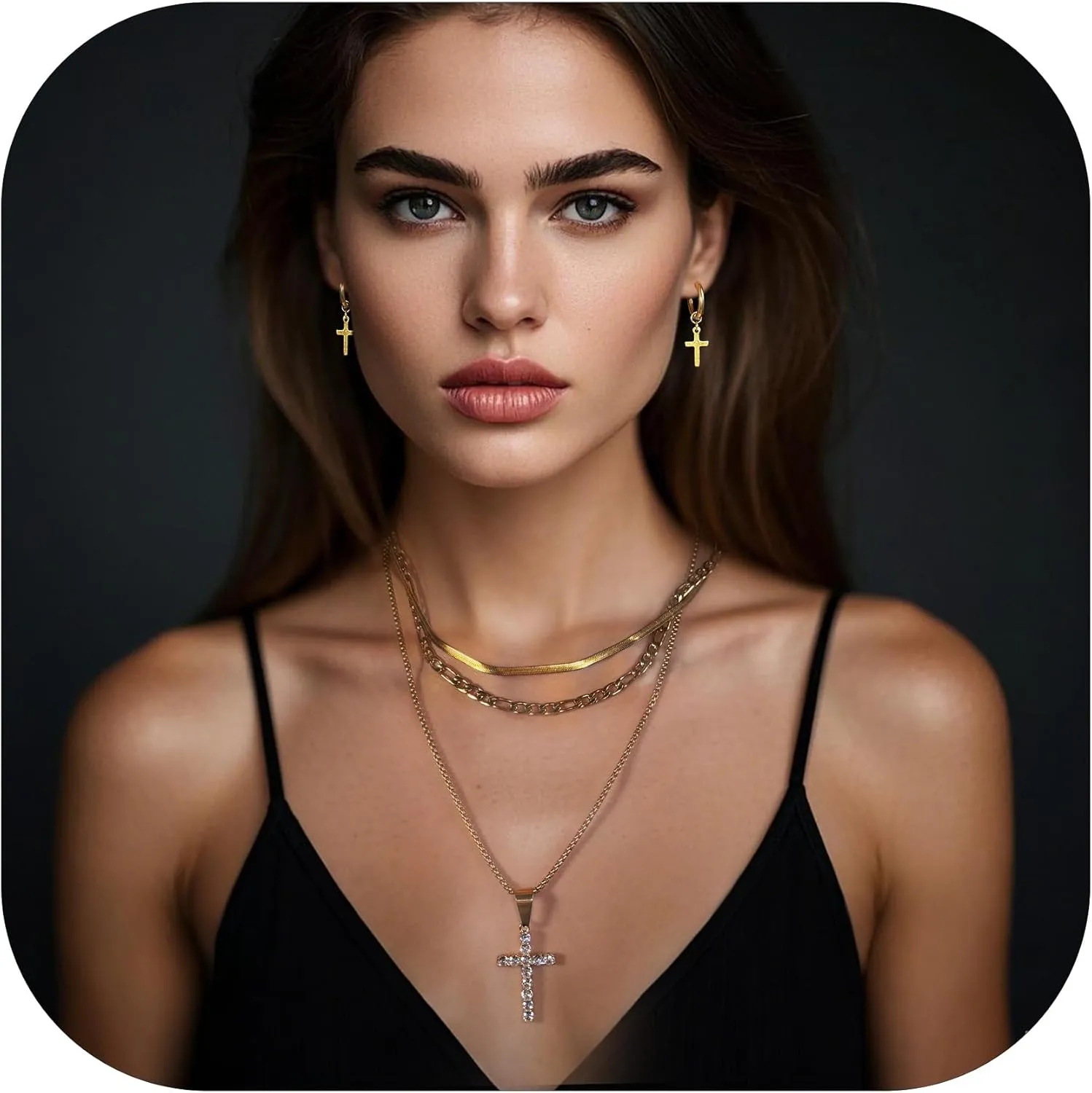 Cross Necklace for Women & Men, 18K Gold Plated Zircon Pendant Layered Necklace Set with 3 Chains   Earrings, Adjustable Length