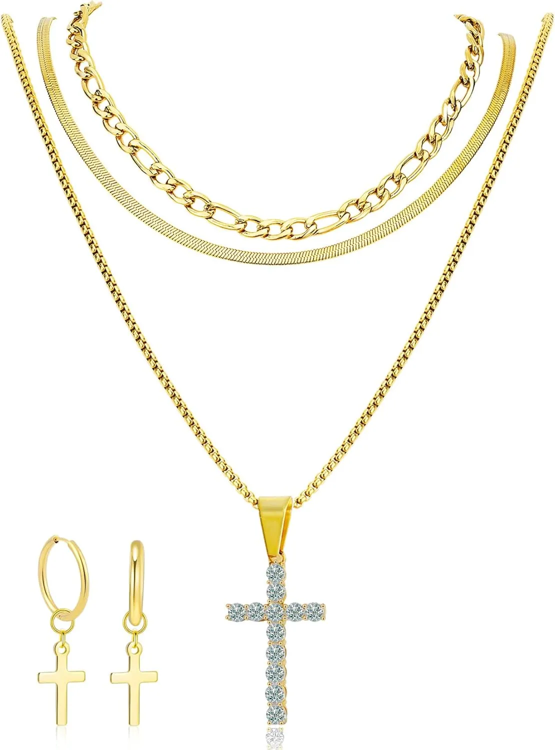 Cross Necklace for Women & Men, 18K Gold Plated Zircon Pendant Layered Necklace Set with 3 Chains   Earrings, Adjustable Length