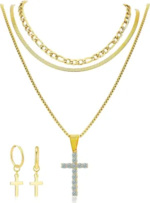 Cross Necklace for Women & Men, 18K Gold Plated Zircon Pendant Layered Necklace Set with 3 Chains   Earrings, Adjustable Length