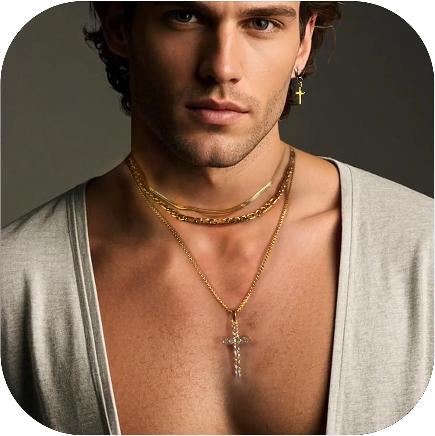 Cross Necklace for Women & Men, 18K Gold Plated Zircon Pendant Layered Necklace Set with 3 Chains   Earrings, Adjustable Length
