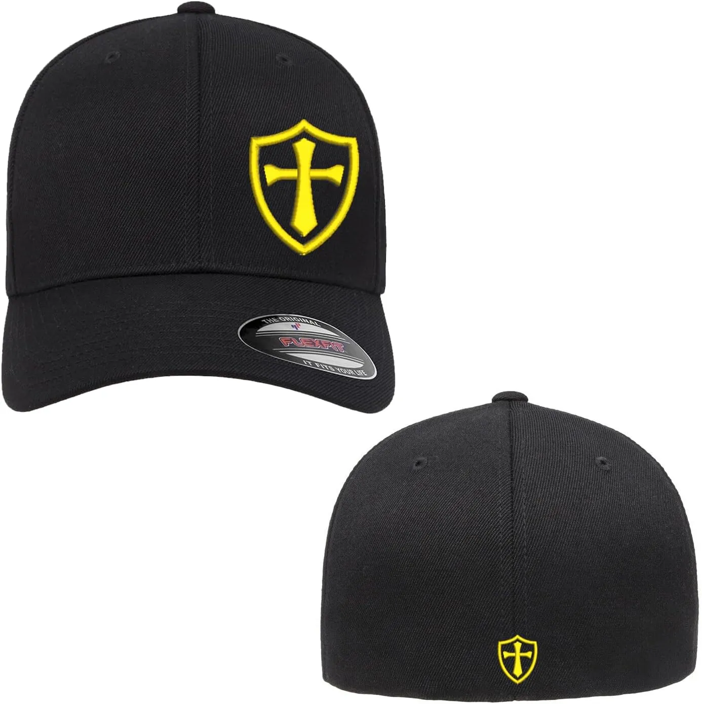 Crusader Cross Military Logo Front and Back Embroidered Flexfit Hat Black Grey Navy Red Olive Royal Blue Curved or Flat Brim