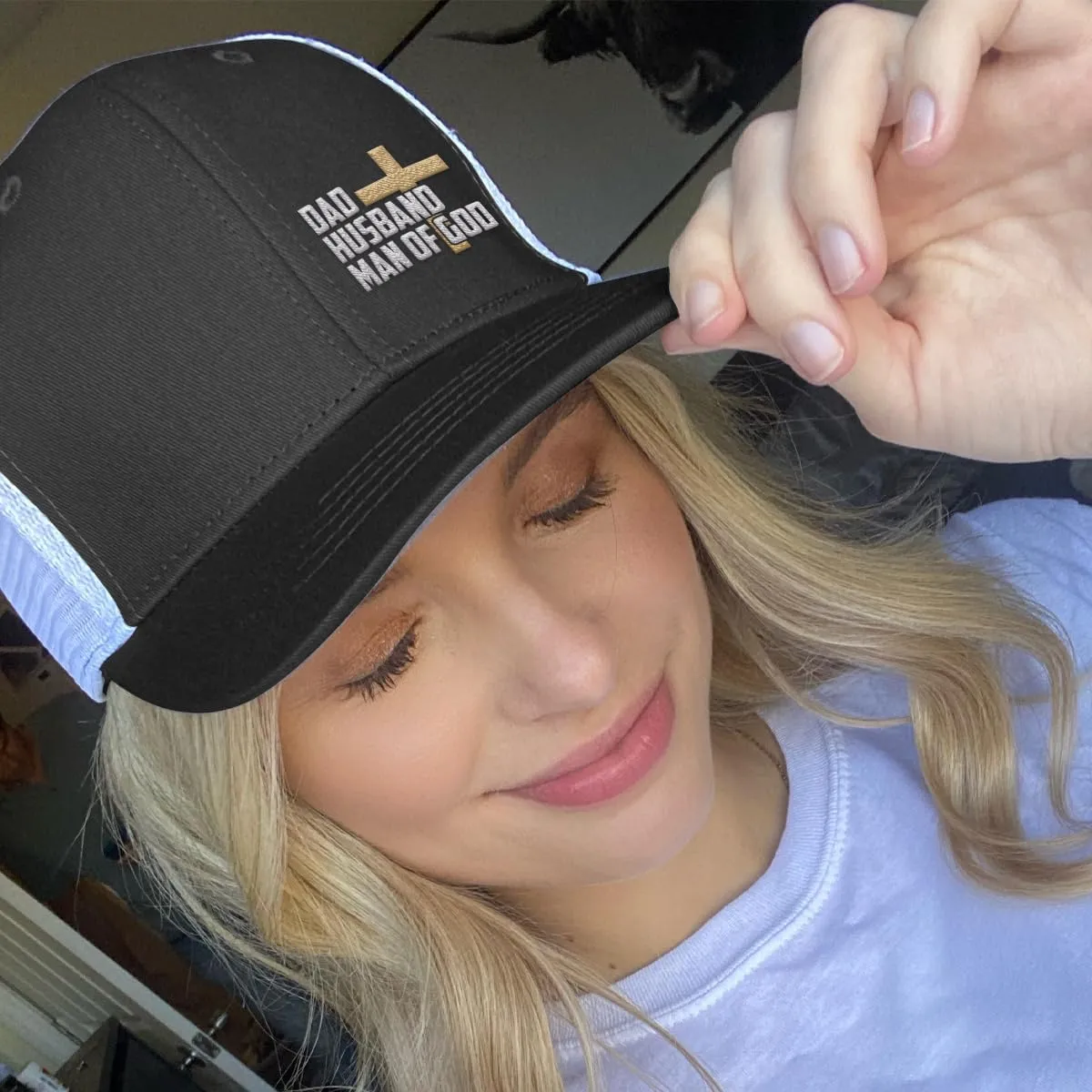 Dad Husband Man of God Cross Christian Trucker Hat - Adjustable Fit Snapback Hat - Breathable Mesh Side for Casual Wear