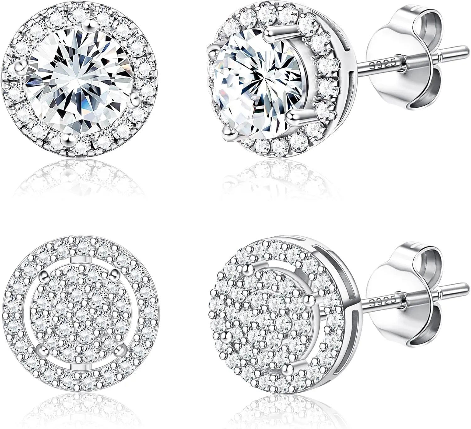 Dochais Cubic Zirconia Stud Earrings for Men Women, 14K Gold Plated Hypoallergenic 925 Sterling Silver Post Earrings Set, Iced Out Round & Square CZ Studs, Simulated Diamond Halo Earrings
