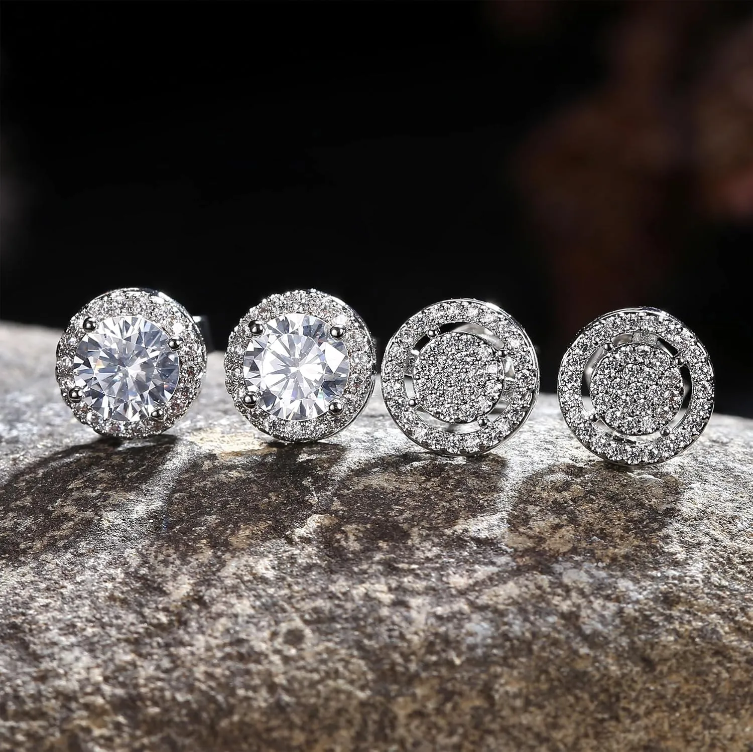 Dochais Cubic Zirconia Stud Earrings for Men Women, 14K Gold Plated Hypoallergenic 925 Sterling Silver Post Earrings Set, Iced Out Round & Square CZ Studs, Simulated Diamond Halo Earrings