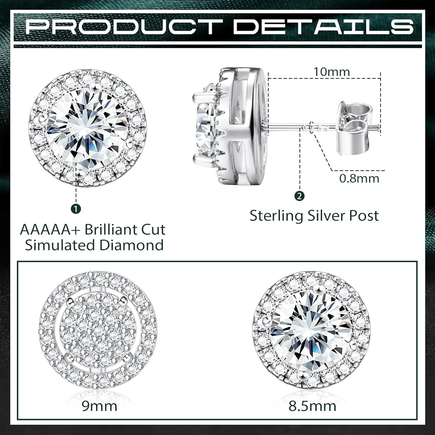 Dochais Cubic Zirconia Stud Earrings for Men Women, 14K Gold Plated Hypoallergenic 925 Sterling Silver Post Earrings Set, Iced Out Round & Square CZ Studs, Simulated Diamond Halo Earrings