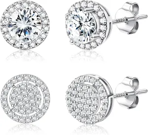 Dochais Cubic Zirconia Stud Earrings for Men Women, 14K Gold Plated Hypoallergenic 925 Sterling Silver Post Earrings Set, Iced Out Round & Square CZ Studs, Simulated Diamond Halo Earrings