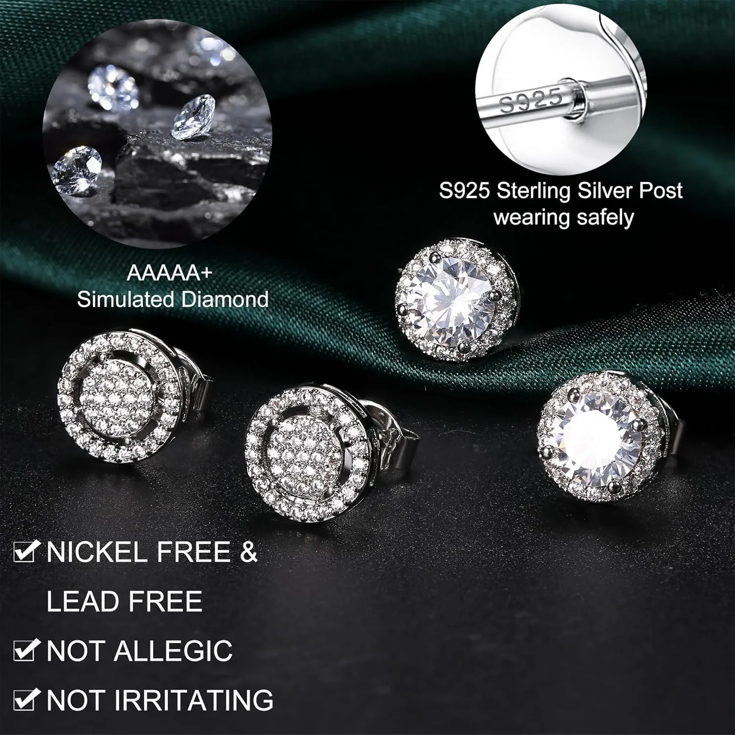 Dochais Cubic Zirconia Stud Earrings for Men Women, 14K Gold Plated Hypoallergenic 925 Sterling Silver Post Earrings Set, Iced Out Round & Square CZ Studs, Simulated Diamond Halo Earrings