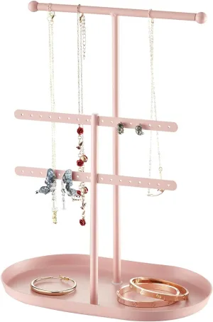 Elegant Jewelry holder Organizer 2-Tier Display Storage Stand for Earrings Necklaces with Ring Tray Spacious and Durable, Easy to Assemble Pink