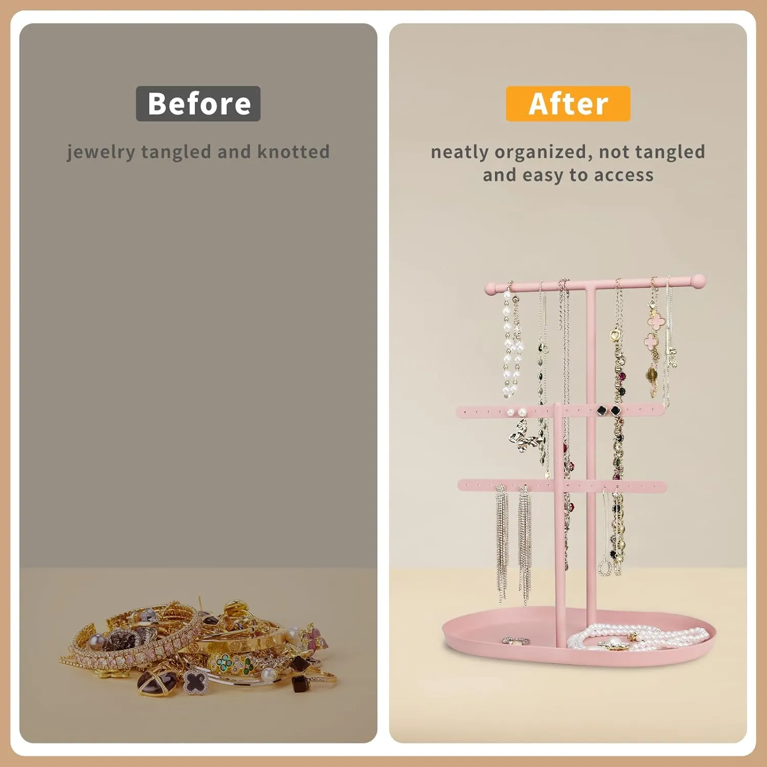 Elegant Jewelry holder Organizer 2-Tier Display Storage Stand for Earrings Necklaces with Ring Tray Spacious and Durable, Easy to Assemble Pink