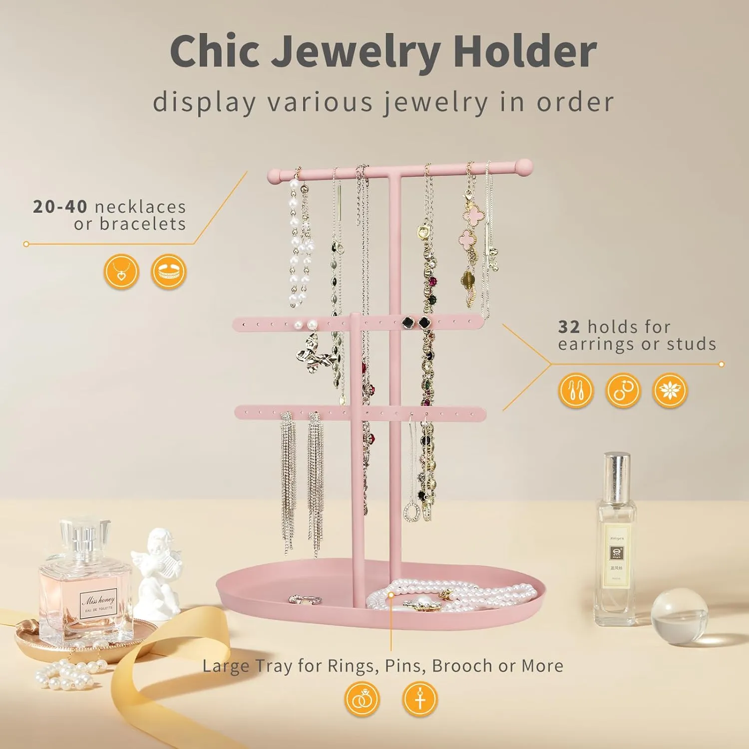 Elegant Jewelry holder Organizer 2-Tier Display Storage Stand for Earrings Necklaces with Ring Tray Spacious and Durable, Easy to Assemble Pink
