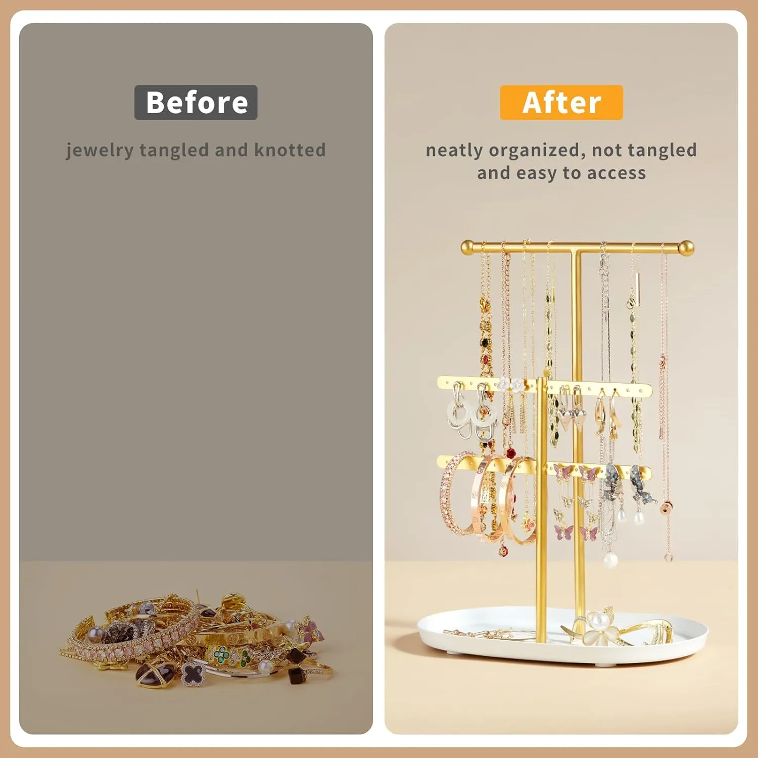 Elegant Jewelry holder Organizer 2-Tier Display Storage Stand for Earrings Necklaces with Ring Tray Spacious and Durable, Easy to Assemble White & Gold