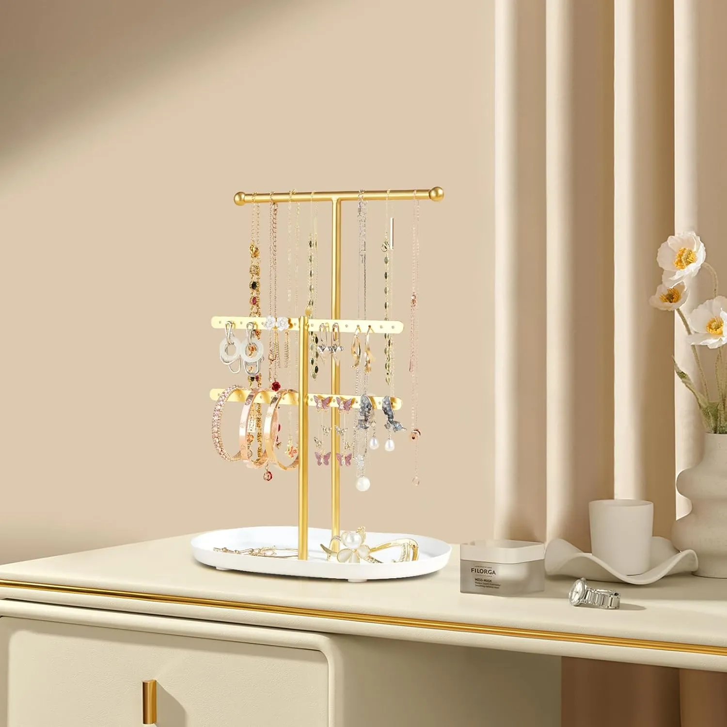 Elegant Jewelry holder Organizer 2-Tier Display Storage Stand for Earrings Necklaces with Ring Tray Spacious and Durable, Easy to Assemble White & Gold