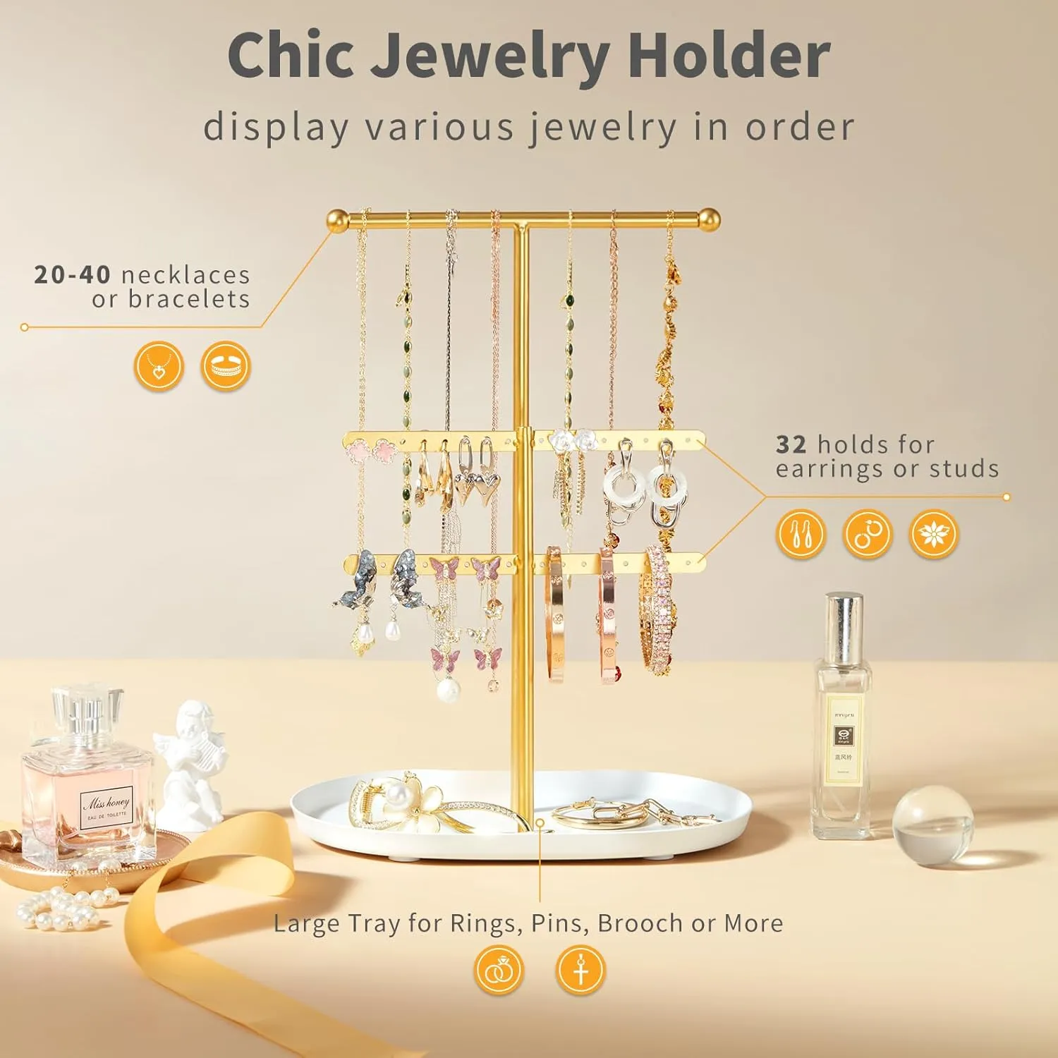 Elegant Jewelry holder Organizer 2-Tier Display Storage Stand for Earrings Necklaces with Ring Tray Spacious and Durable, Easy to Assemble White & Gold